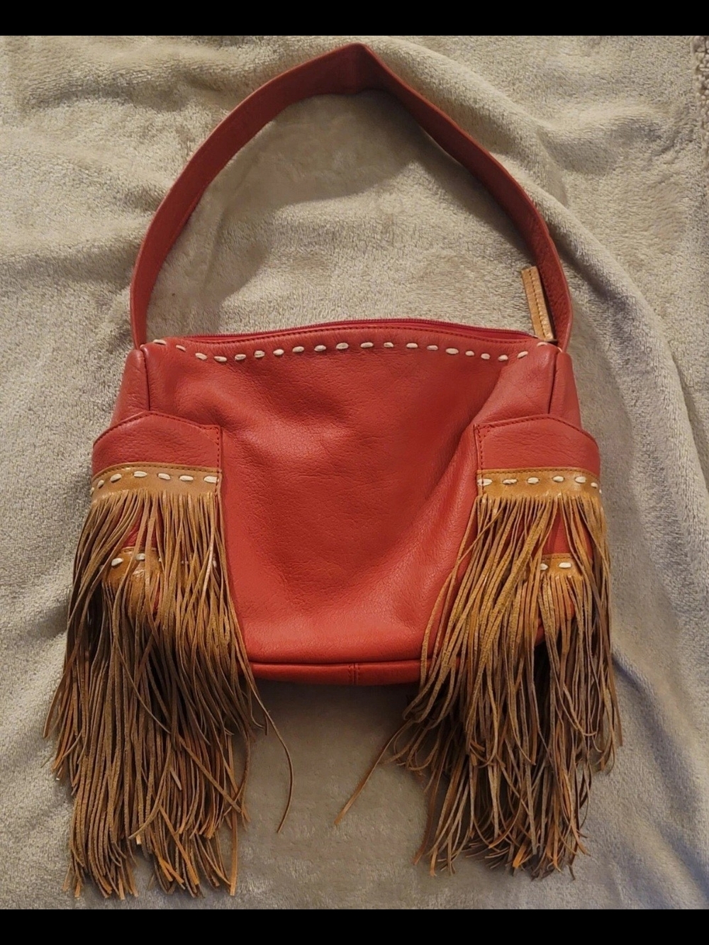 Sabina New York Red & Light Brown Leather Fringed
